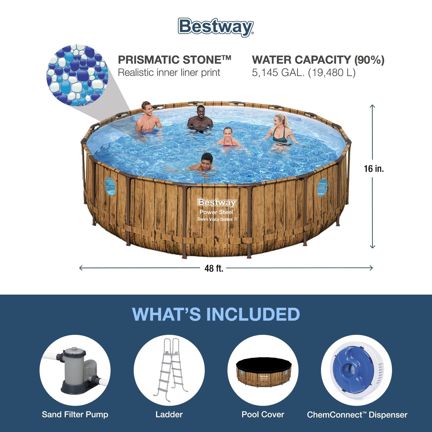 Bestway Power Steel Swim Vista 16' x 48" Round Above Ground Swimming Pool Set