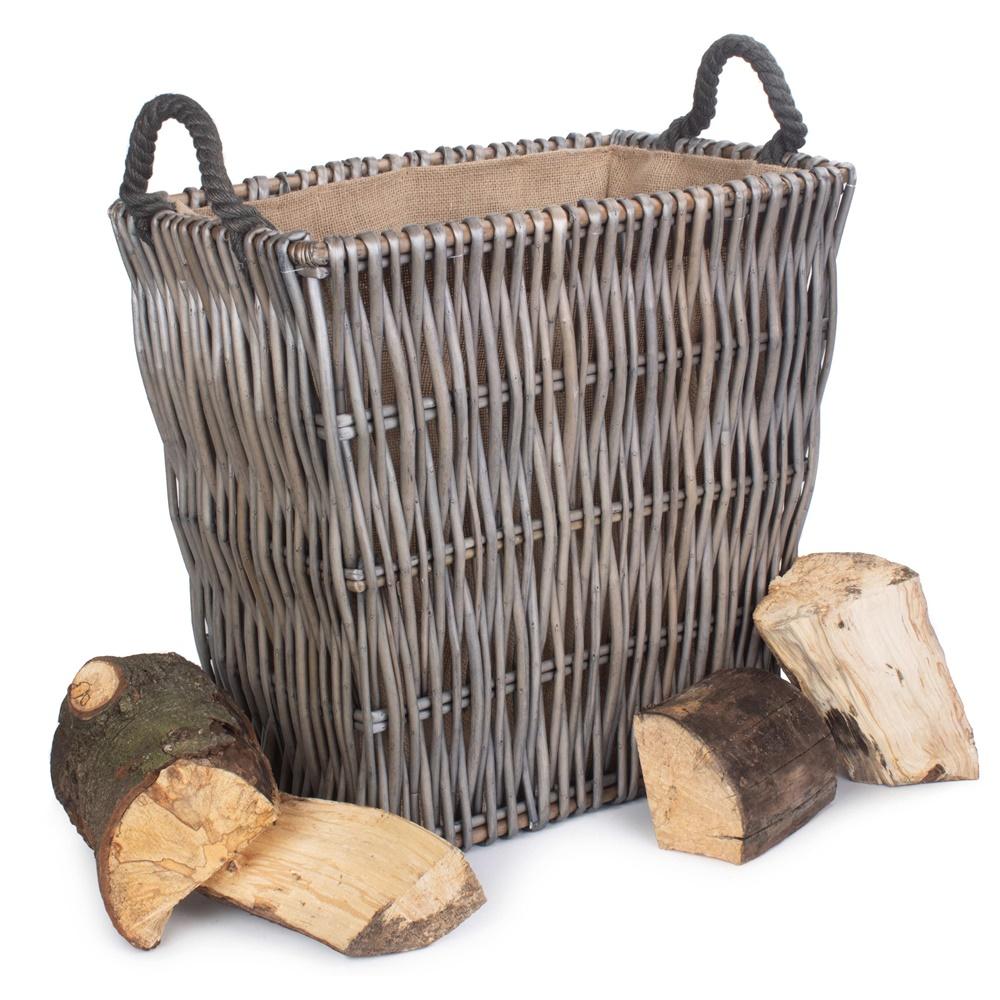Grey Rectangular Wicker Log Basket