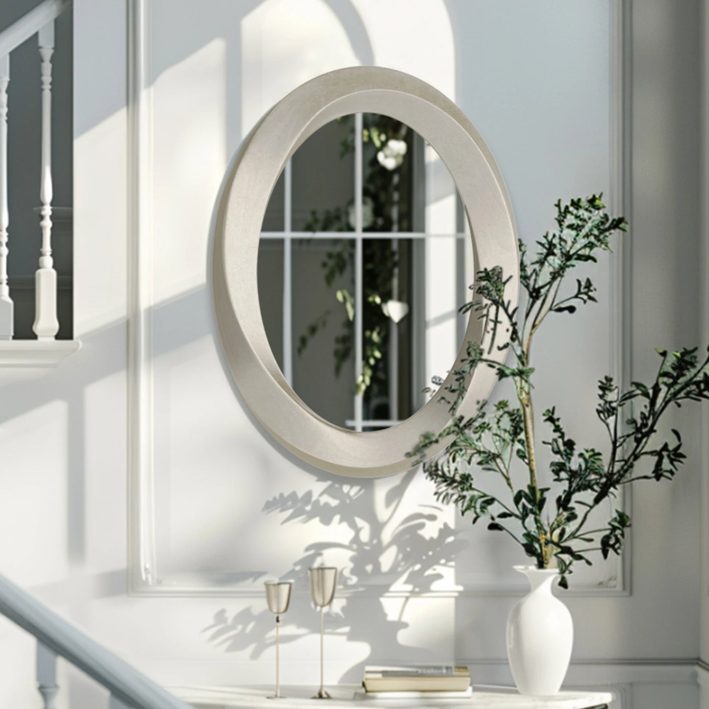 Large Oval Wall Mirror Baroque Mirror Silver Glass Vanity with Brass Edge Frame for Modern Home Minimalism Art Decor 32x24 inch