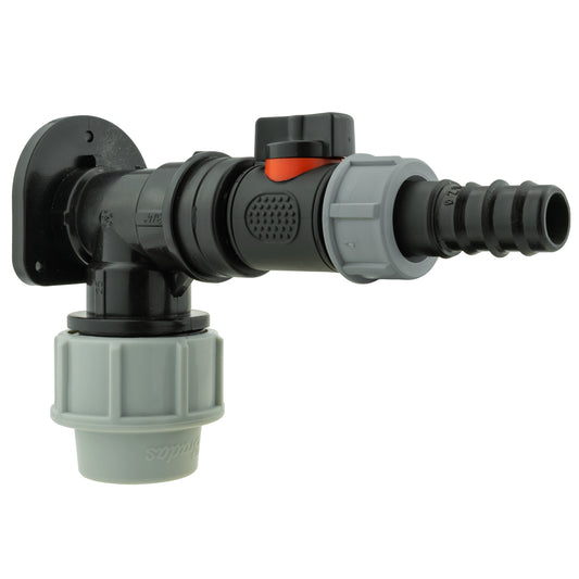 Wall Flange Kit 25mm MDPE + In-Line Valve + 20mm Barb