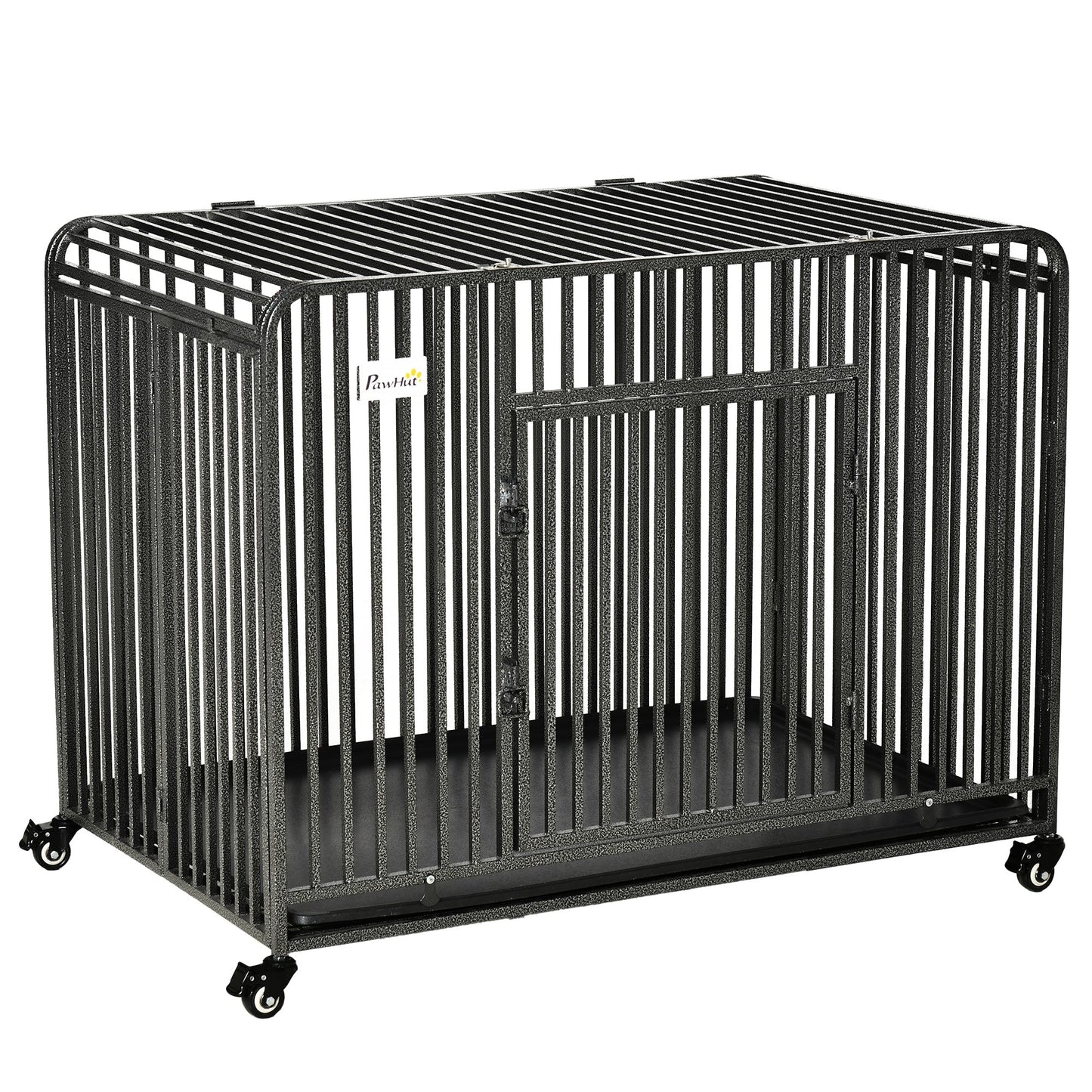 43" Heavy Duty Dog Cage, Foldable Steel Crate Kennel with Removable Tray, Double Doors, 4 Lockable Wheels for Medium & Large Dogs, Dark Silver